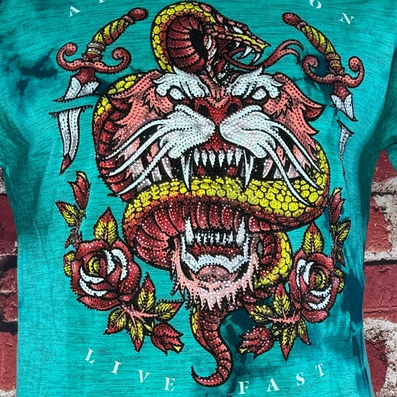 Affliction Black Label Men’s Tiger Rhinestone Short Sleeve T-shirt- XL /3XL -NWT - Picture 4 of 14